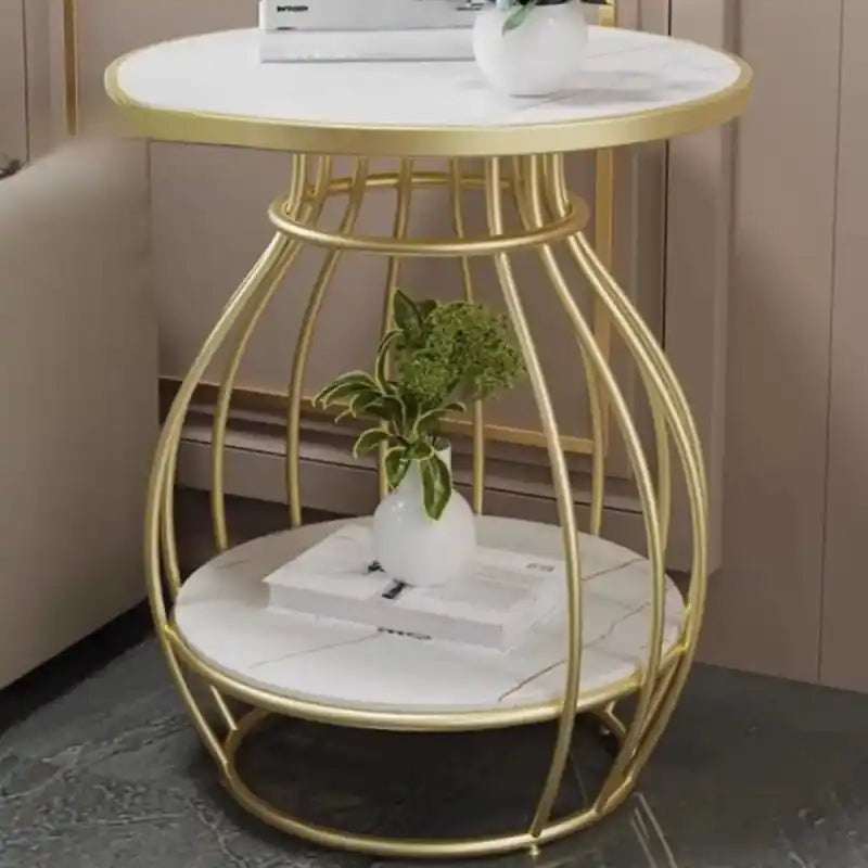 Designer Two Tier Table with Marble Style Top & Curved Base