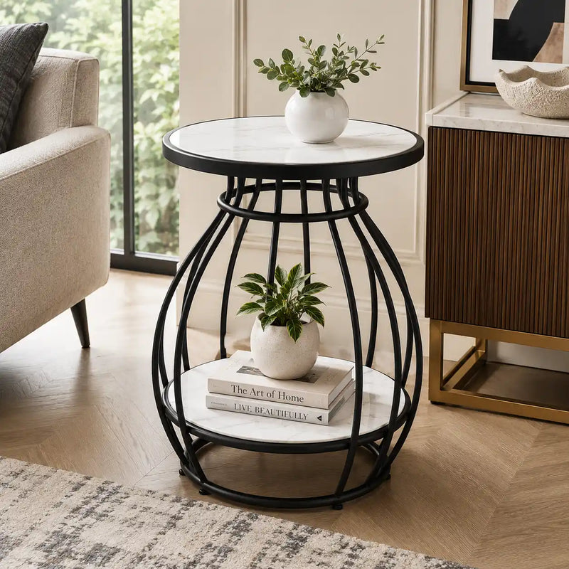 Designer Two Tier Table with Marble Style Top & Curved Base