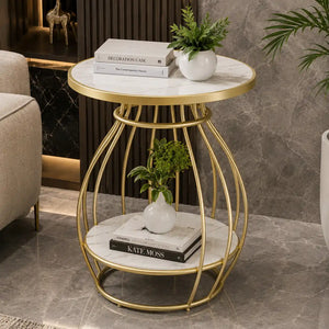 Designer Two Tier Table with Marble Style Top & Curved Base