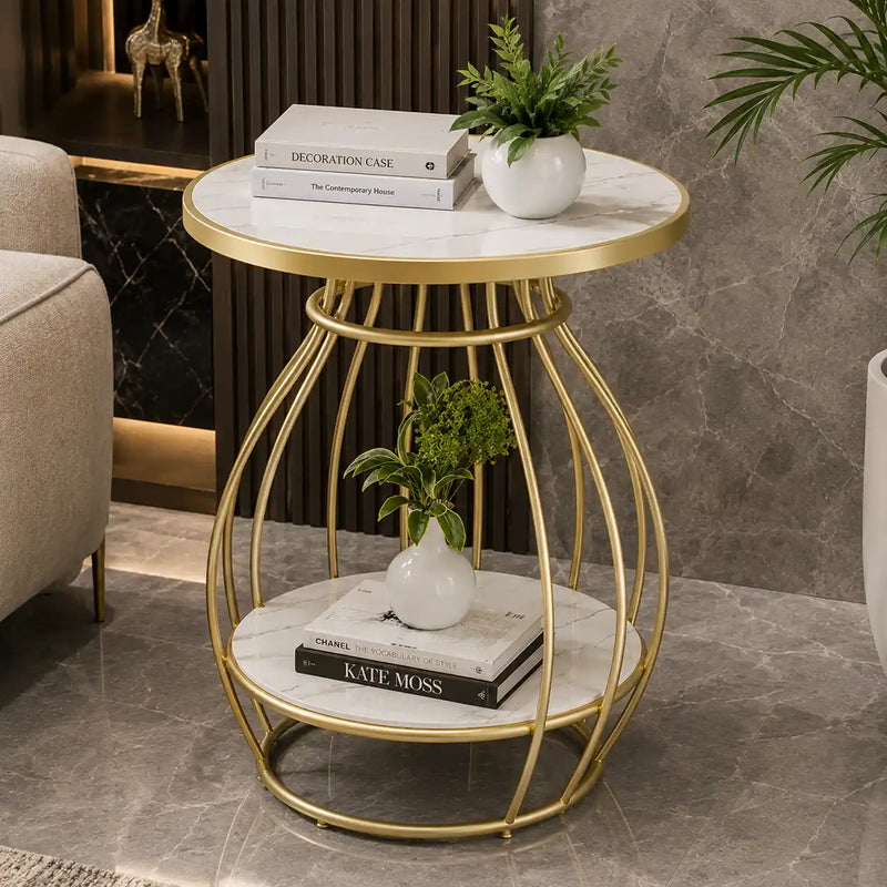 Designer Two Tier Table with Marble Style Top & Curved Base