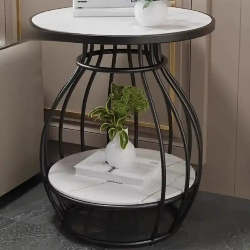 Designer Two Tier Table with Marble Style Top & Curved Base