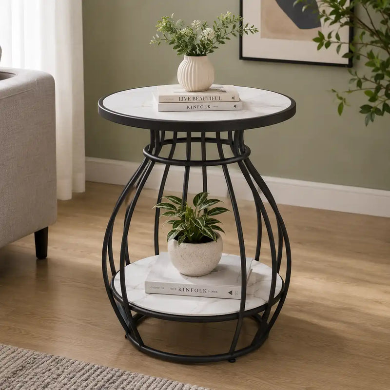 Designer Two Tier Table with Marble Style Top & Curved Base