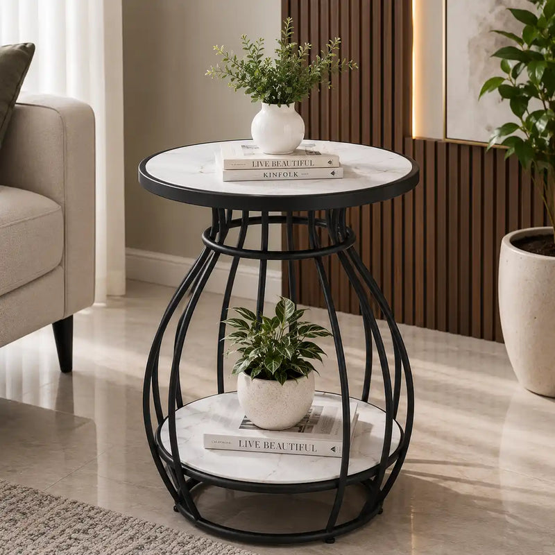 Designer Two Tier Table with Marble Style Top & Curved Base