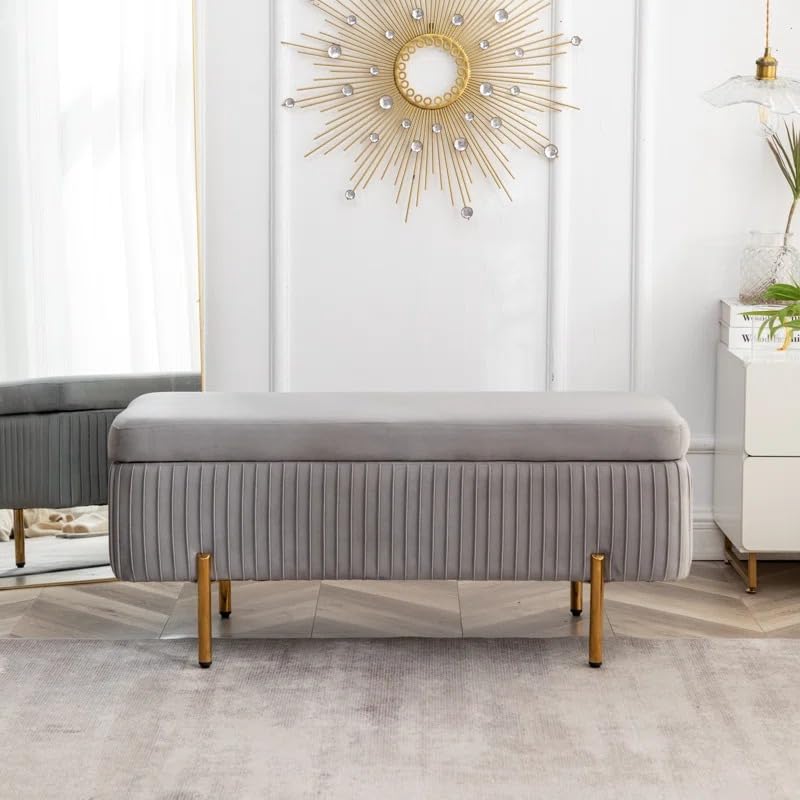 Designer Rich Grey Velvet Bench with Smart Storage Ottoman