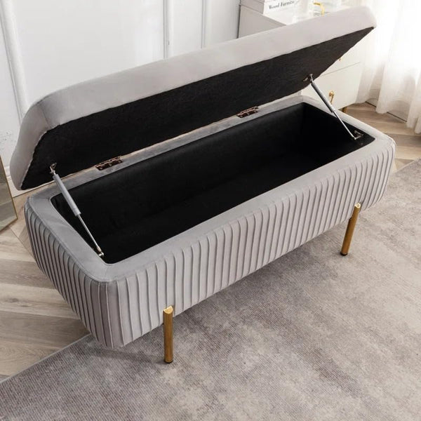 Designer Rich Grey Velvet Bench with Smart Storage Ottoman