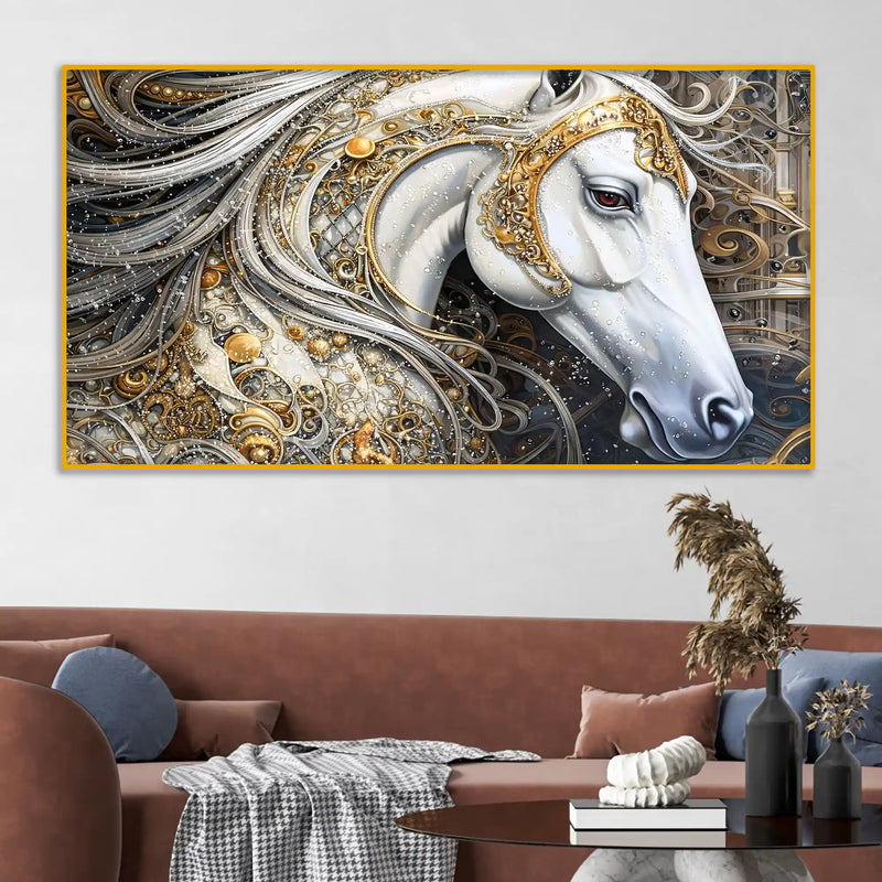Designer White Horse Crystal Glass Painting for Modern Wall Décor