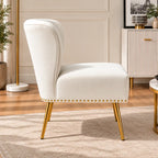 Designer White Upholstered Accent Chair with Nailhead Trim & Metal Legs