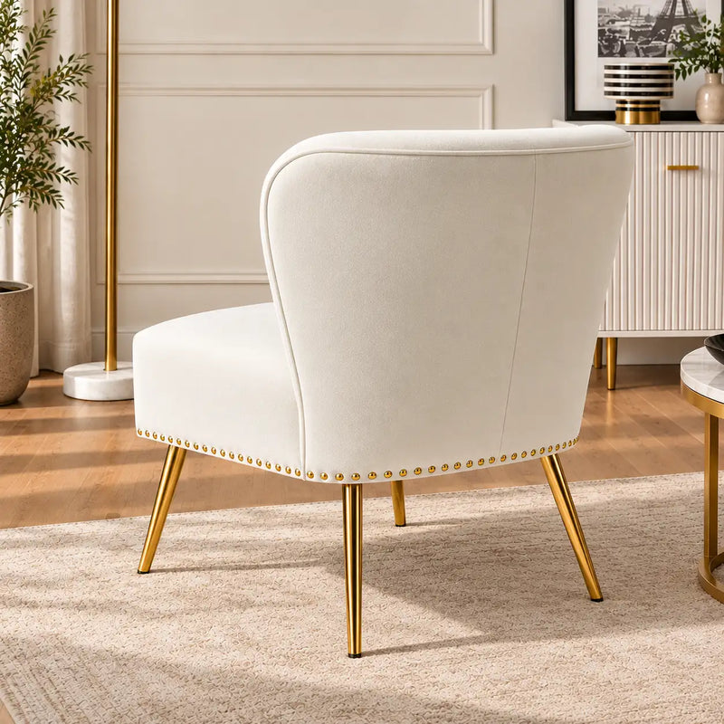 Designer White Upholstered Accent Chair with Nailhead Trim & Metal Legs