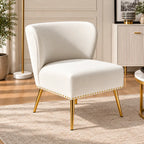 Designer White Upholstered Accent Chair with Nailhead Trim & Metal Legs