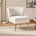 Designer White Upholstered Accent Chair with Nailhead Trim & Metal Legs