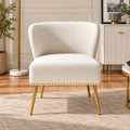 Designer White Upholstered Accent Chair with Nailhead Trim & Metal Legs