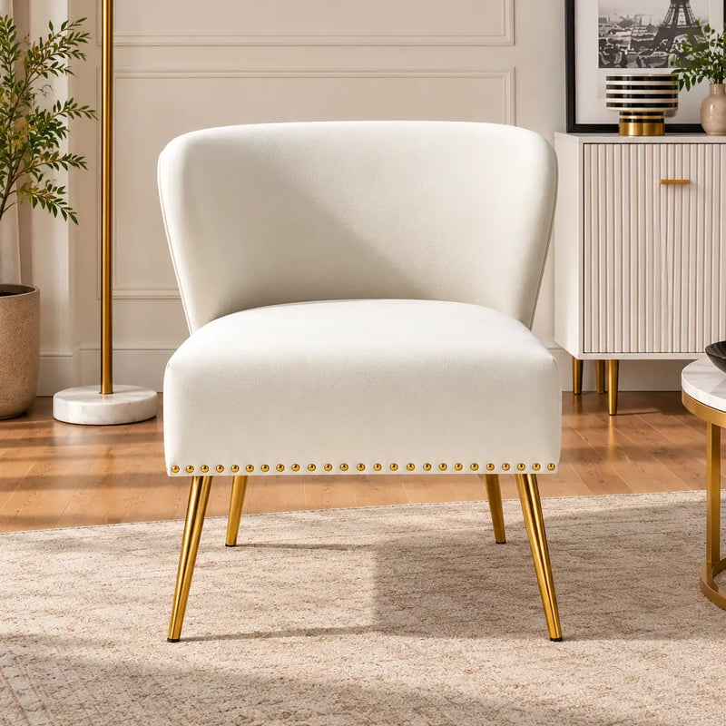 Designer White Upholstered Accent Chair with Nailhead Trim & Metal Legs