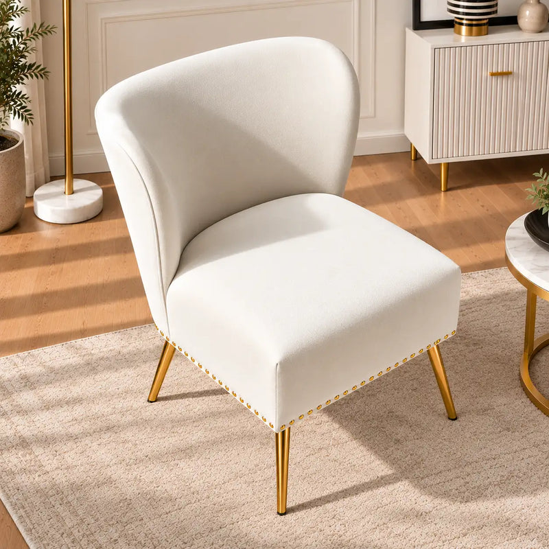 Designer White Upholstered Accent Chair with Nailhead Trim & Metal Legs