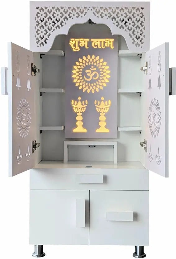 Designer White Wooden Floor Temple with Shubh Labh LED Back Panel & Spacious Storage Cabinet for Home & Office