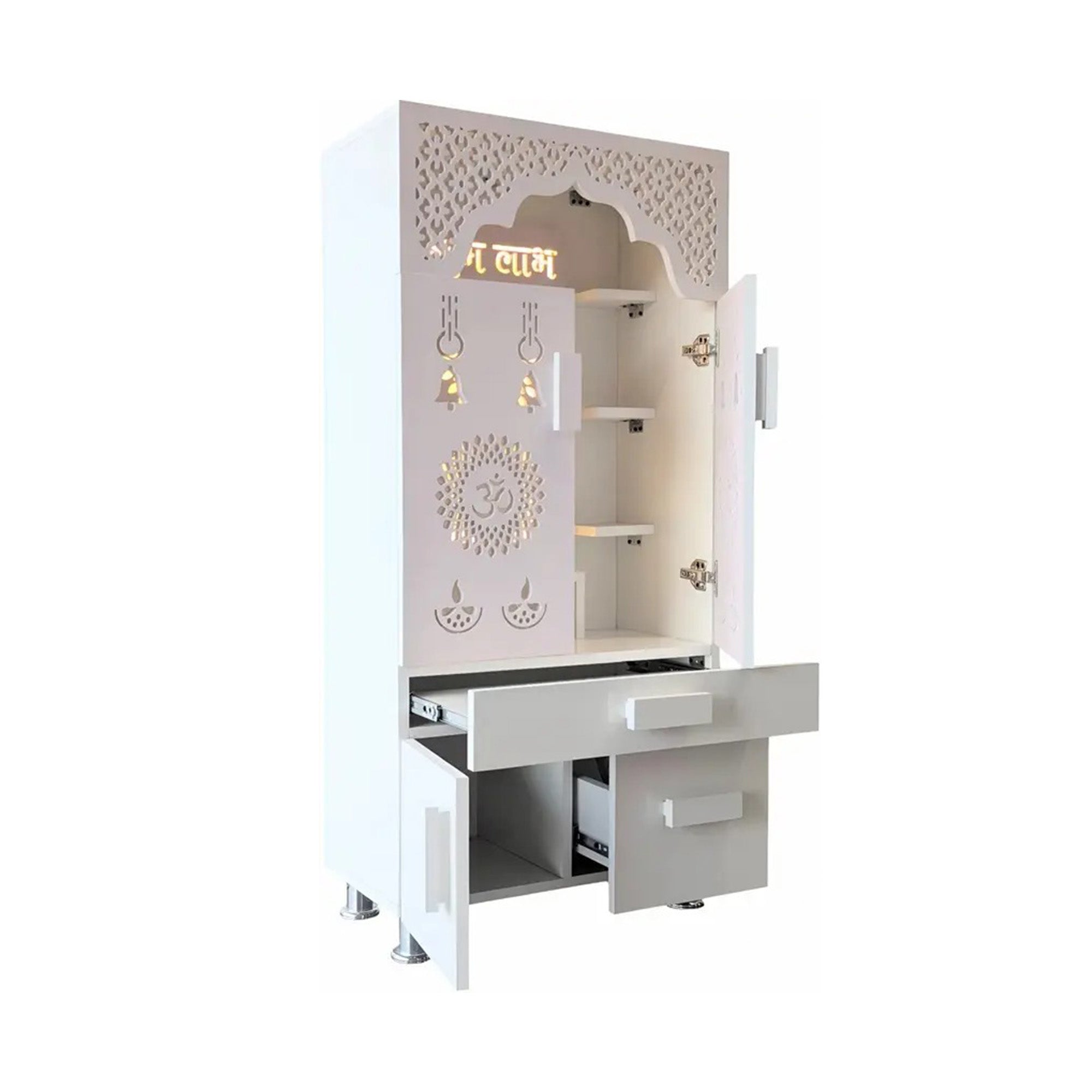 Designer White Wooden Floor Temple with Shubh Labh LED Back Panel & Spacious Storage Cabinet for Home & Office