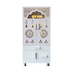 Designer White Wooden Floor Temple with Shubh Labh LED Back Panel & Spacious Storage Cabinet for Home & Office