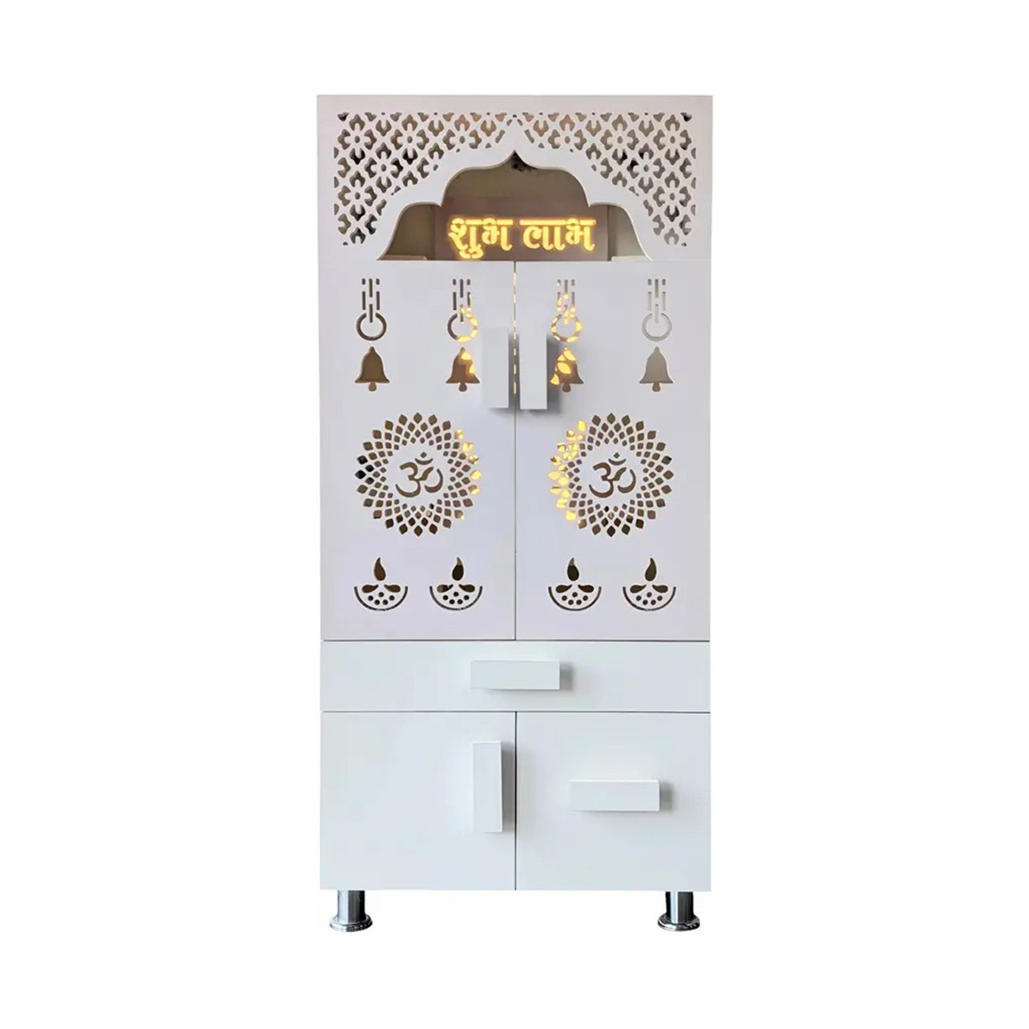 Designer White Wooden Floor Temple with Shubh Labh LED Back Panel & Spacious Storage Cabinet for Home & Office