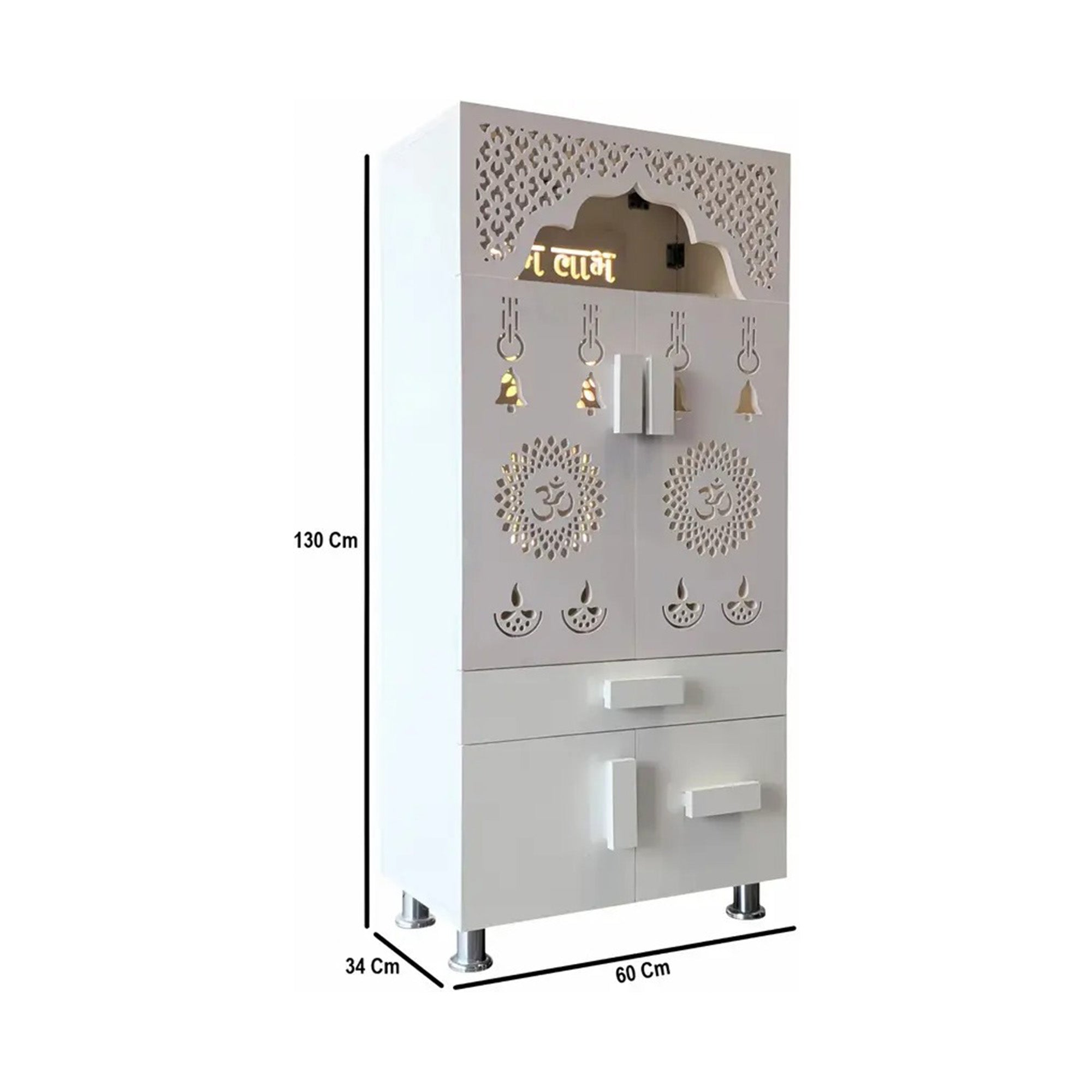 Designer White Wooden Floor Temple with Shubh Labh LED Back Panel & Spacious Storage Cabinet for Home & Office