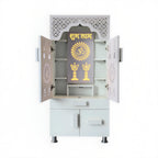 Designer White Wooden Floor Temple with Shubh Labh LED Back Panel & Spacious Storage Cabinet for Home & Office