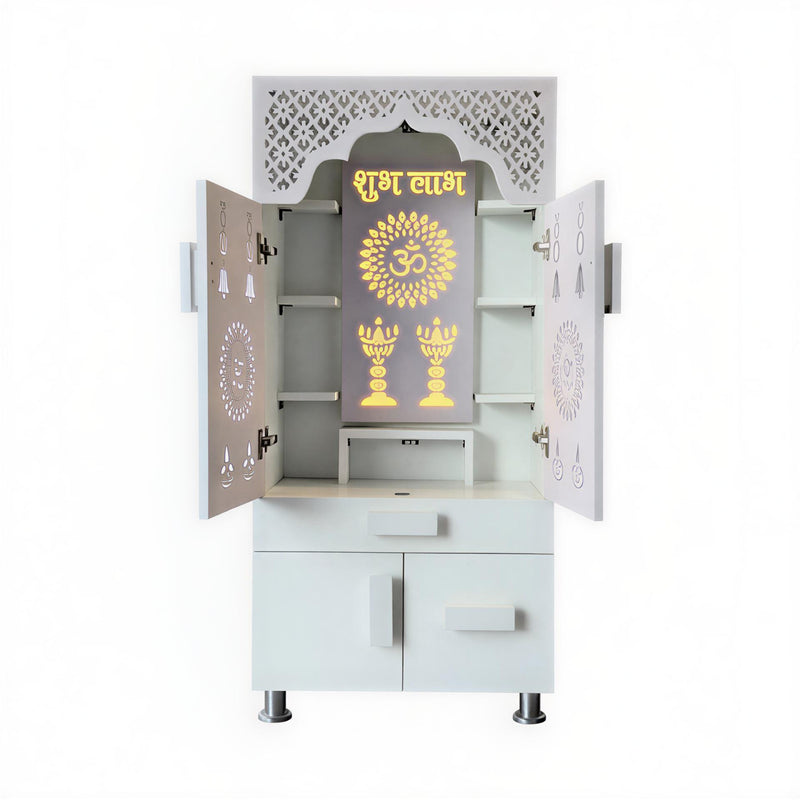 Designer White Wooden Floor Temple with Shubh Labh LED Back Panel & Spacious Storage Cabinet for Home & Office