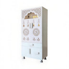 Designer White Wooden Floor Temple with Shubh Labh LED Back Panel & Spacious Storage Cabinet for Home & Office