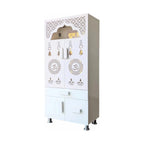 Designer White Wooden Floor Temple with Shubh Labh LED Back Panel & Spacious Storage Cabinet for Home & Office