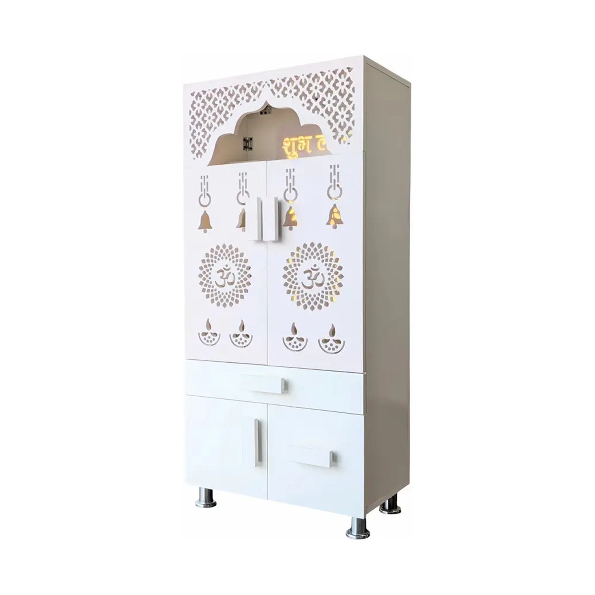 Designer White Wooden Floor Temple with Shubh Labh LED Back Panel & Spacious Storage Cabinet for Home & Office