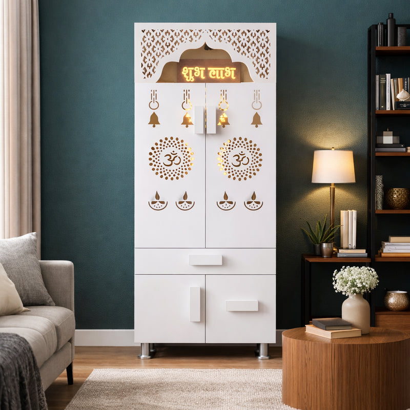 Designer White Wooden Floor Temple with Shubh Labh LED Back Panel & Spacious Storage Cabinet for Home & Office