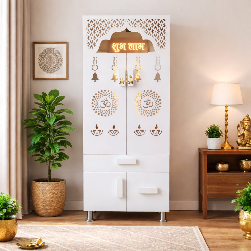 Designer White Wooden Floor Temple with Shubh Labh LED Back Panel & Spacious Storage Cabinet for Home & Office
