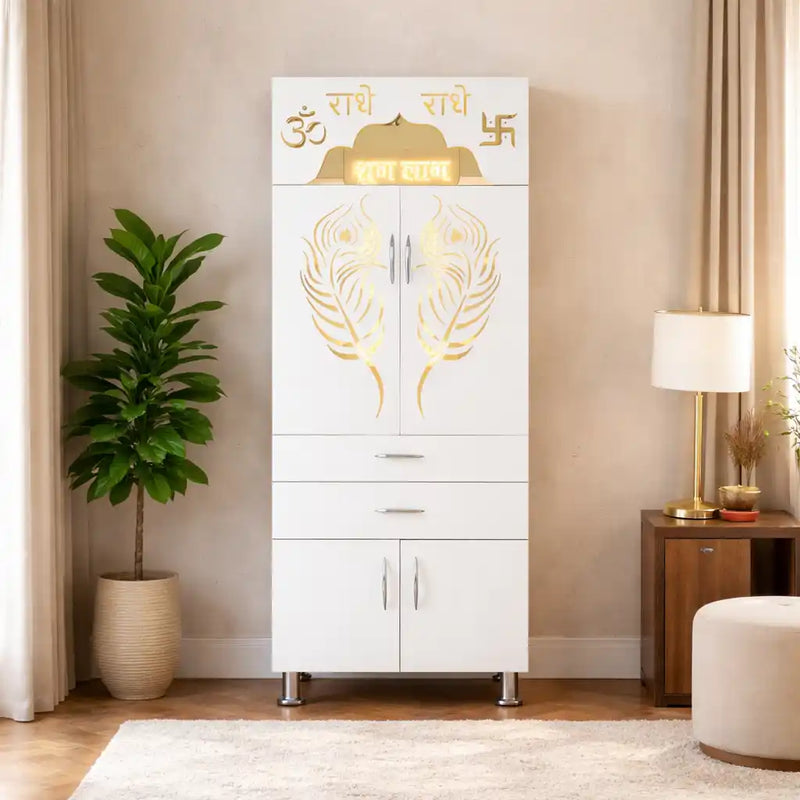 Designer Wooden Mandir for Home with Doors Storage Drawers and Decorative LED Panel