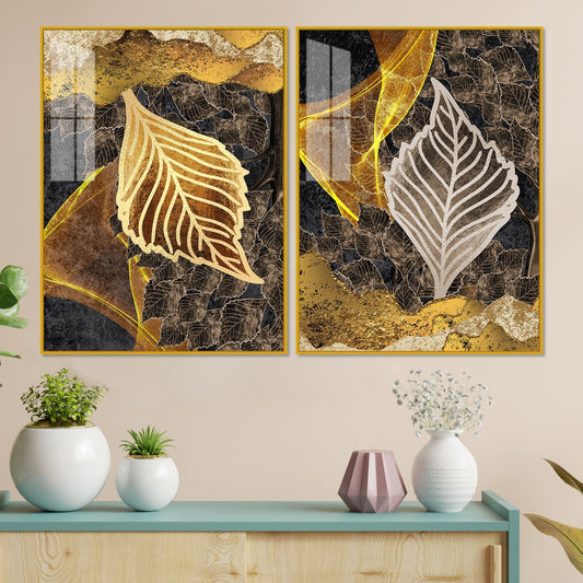 Detailed Leaves Pattern Acrylic Floating Wall Painting Set of 2