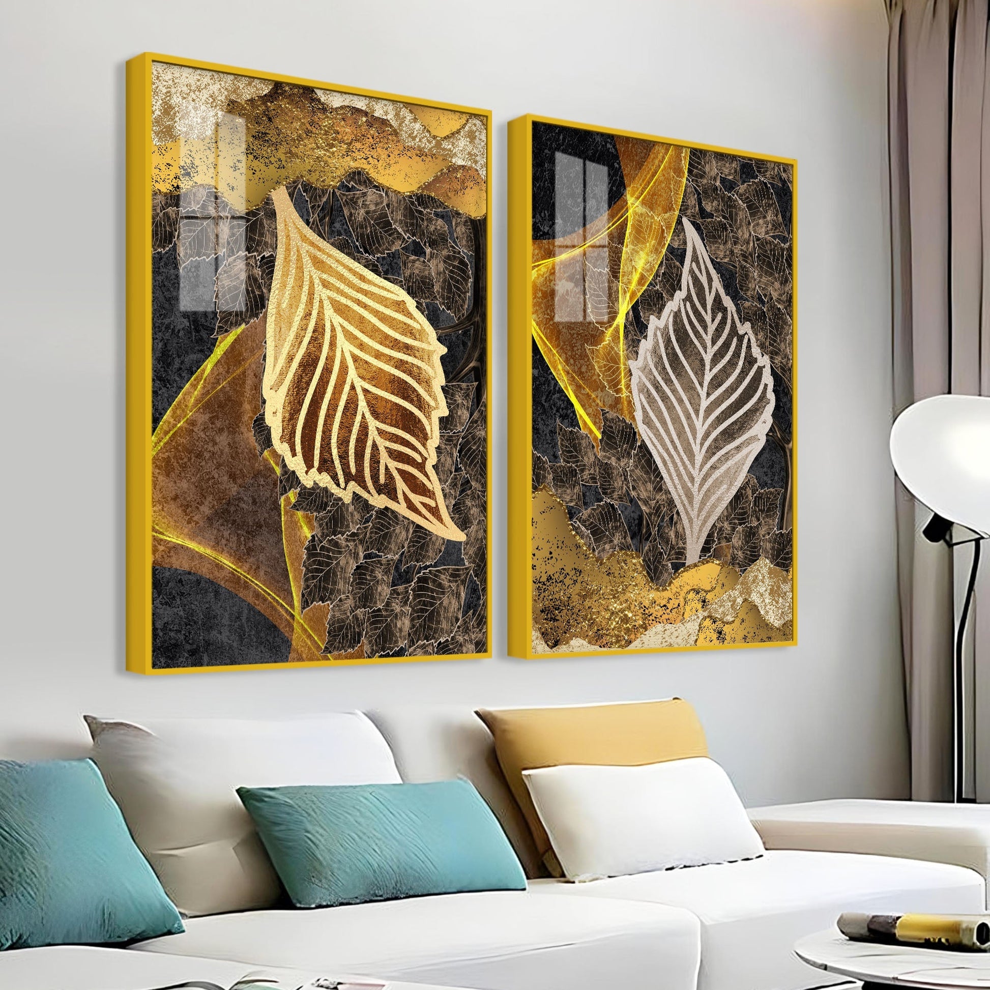 Detailed Leaves Pattern Acrylic Floating Wall Painting Set of 2