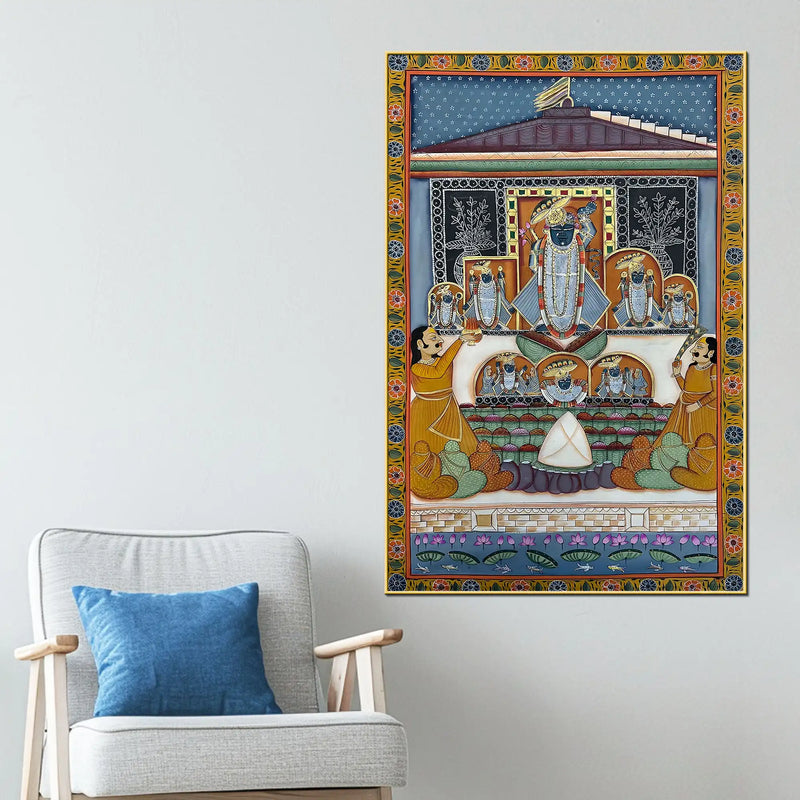 Devotees Offering Prayers to Lord Shrinathji Nathdwara Pichwai Canvas Wall Painting