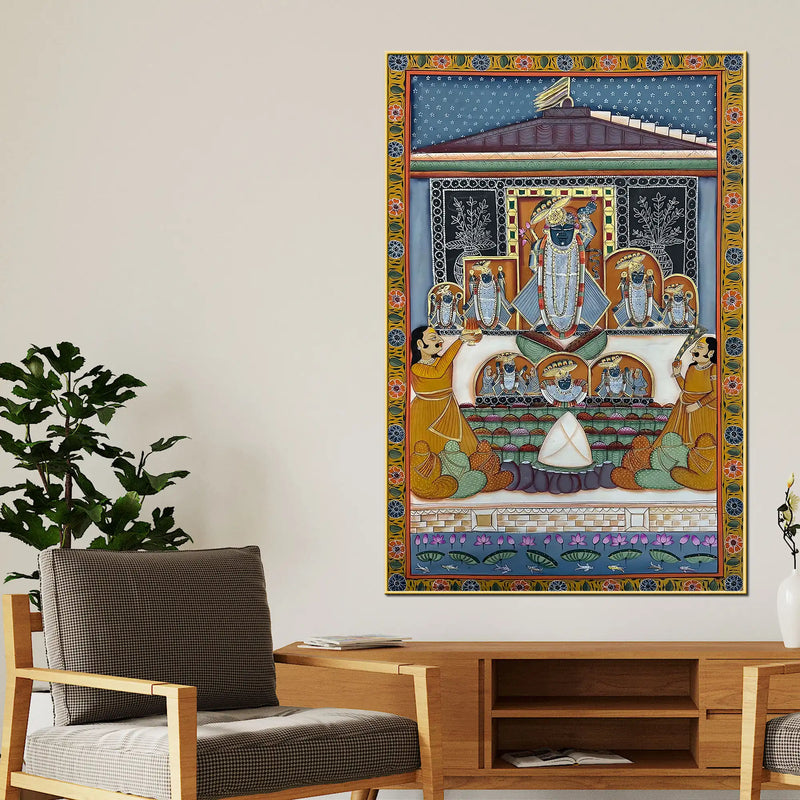 Devotees Offering Prayers to Lord Shrinathji Nathdwara Pichwai Canvas Wall Painting