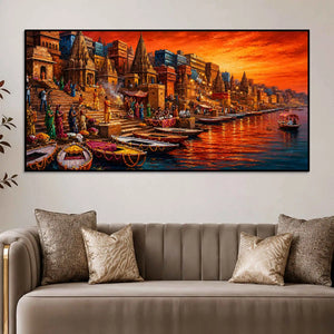 Devotional Kashi Ghat Evening Painting for Living Room Wall Decor