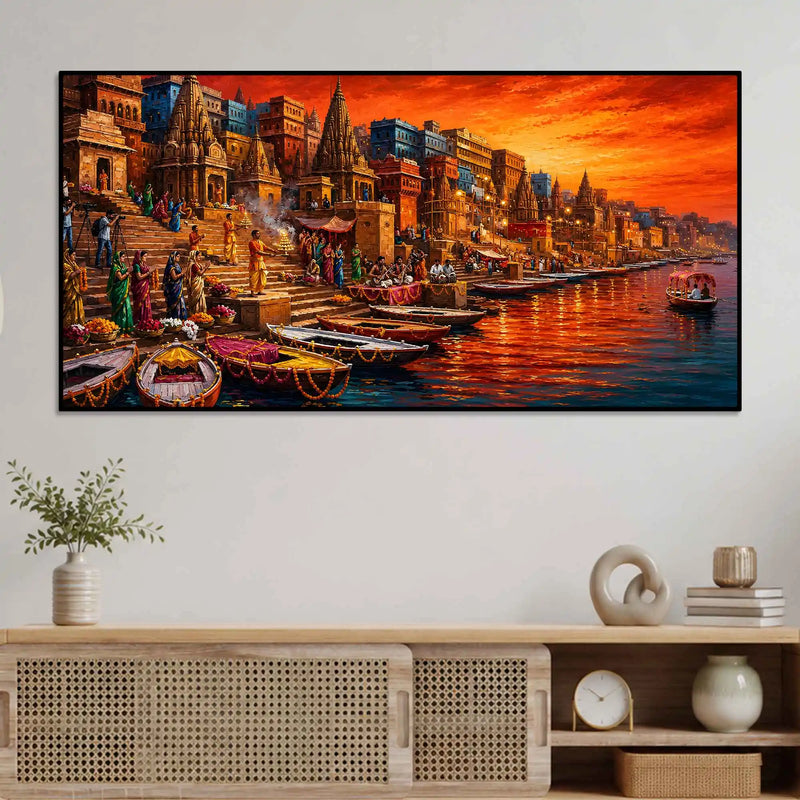 Devotional Kashi Ghat Evening Painting for Living Room Wall Decor