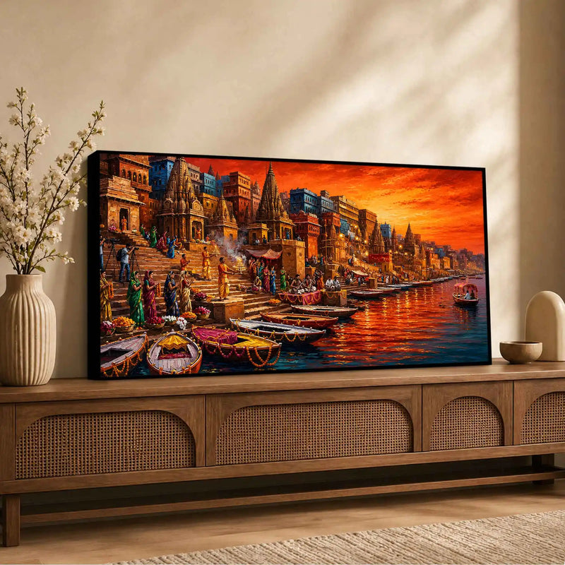 Devotional Kashi Ghat Evening Painting for Living Room Wall Decor