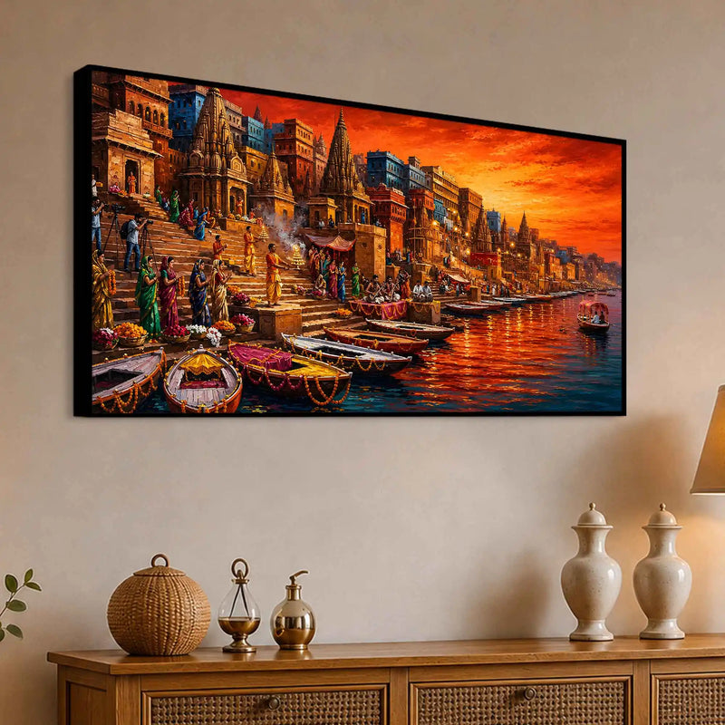 Devotional Kashi Ghat Evening Painting for Living Room Wall Decor