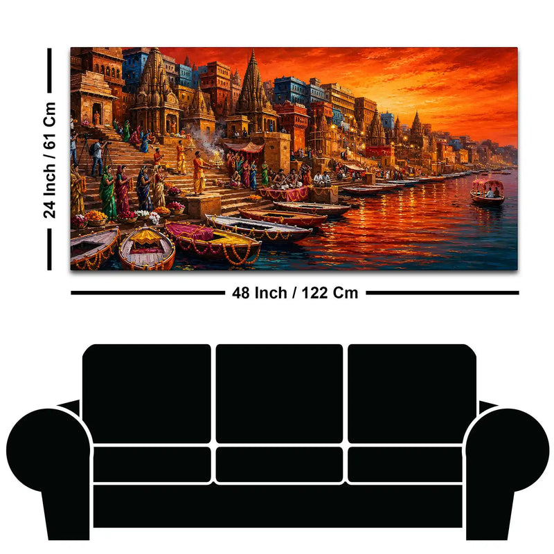 Devotional Kashi Ghat Evening Painting for Living Room Wall Decor