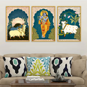 Devotional Krishna Wall Decor Canvas Painting Set of Three