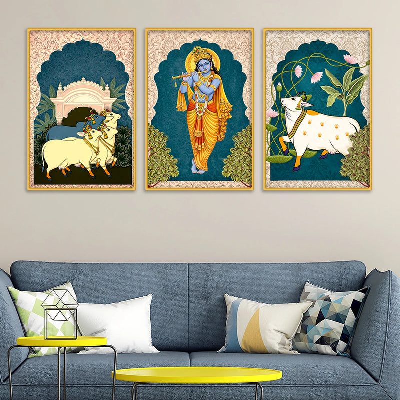 Devotional Krishna Wall Decor Canvas Painting Set of Three