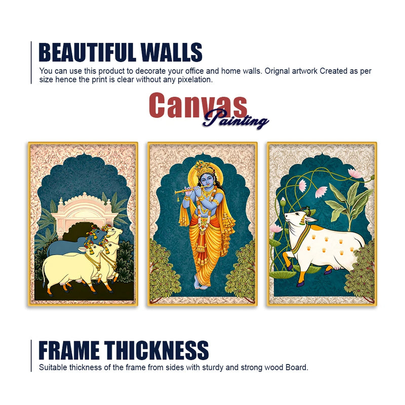 Devotional Krishna Wall Decor Canvas Painting Set of Three