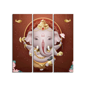 Devotional Lord Ganesha Canvas Wall Painting of Three Pieces