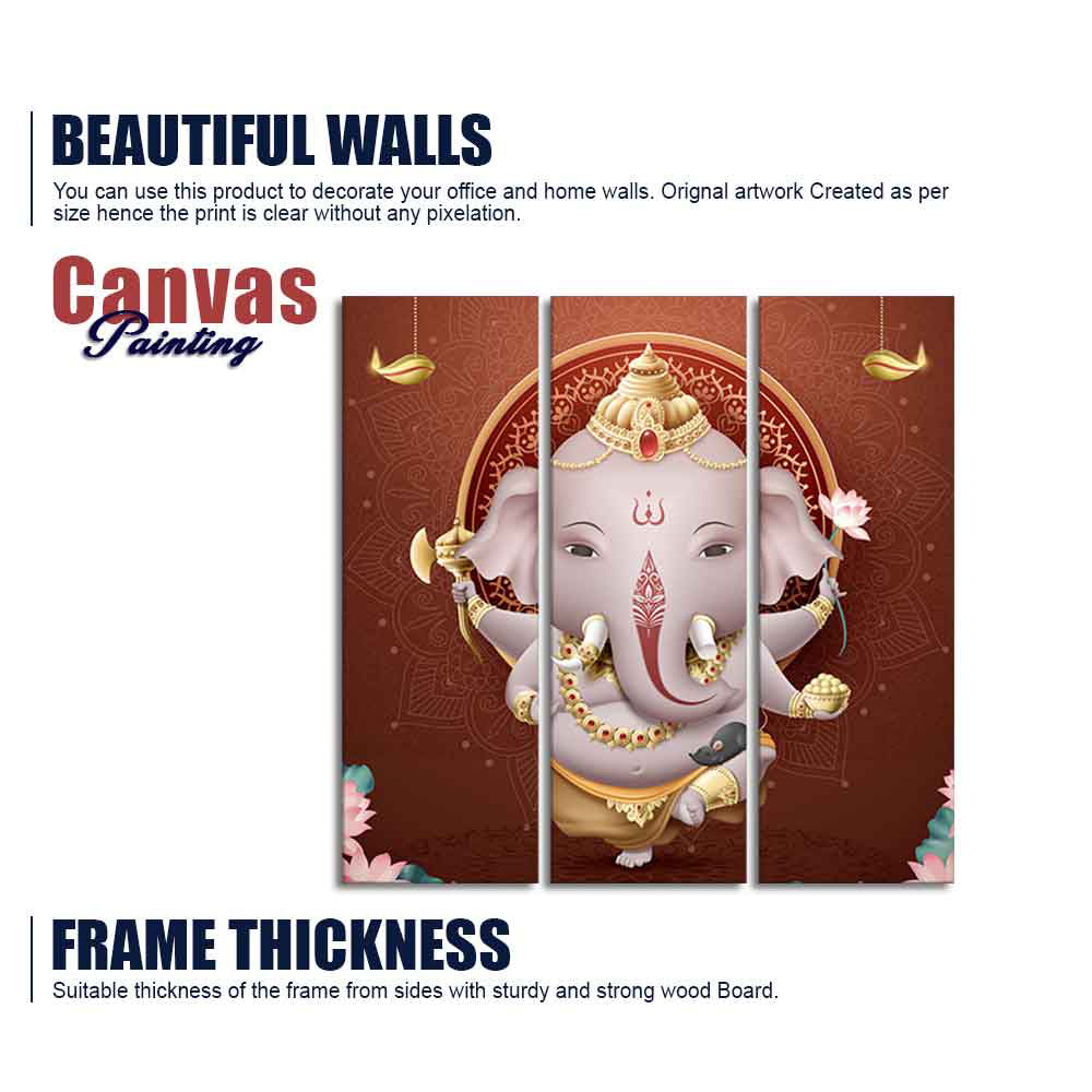 Devotional Lord Ganesha Canvas Wall Painting of Three Pieces