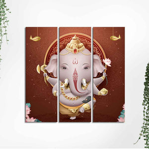 Devotional Lord Ganesha Canvas Wall Painting of Three Pieces