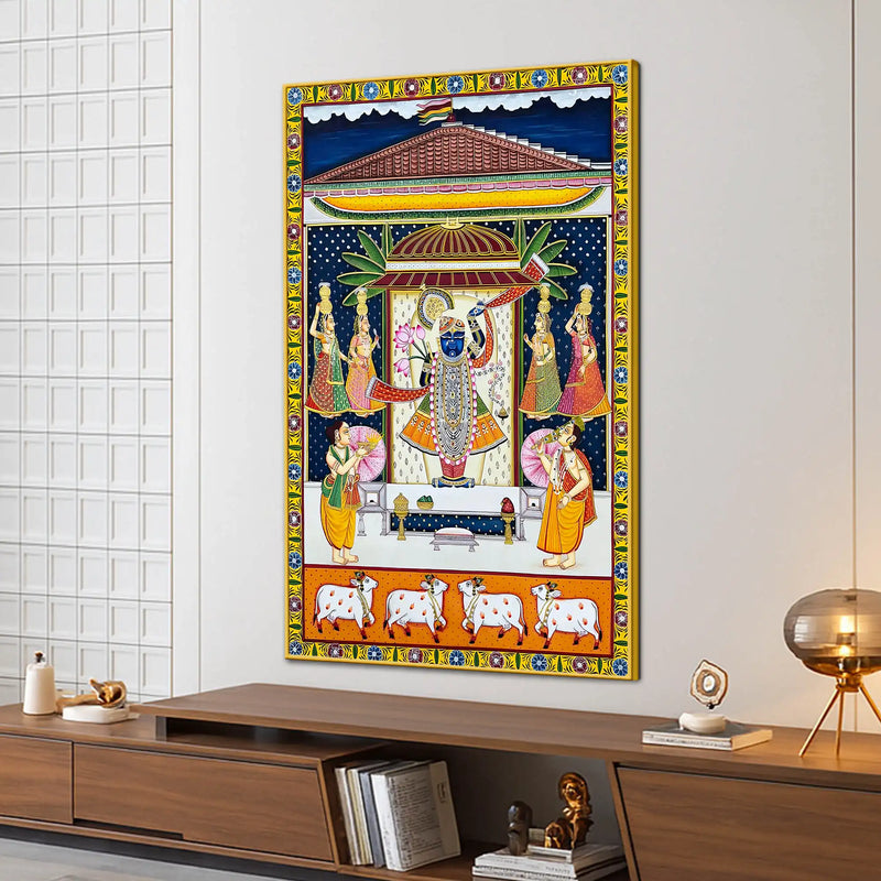 Divine Aarti Ceremony in the Palace of Shrinathji Pichwai Canvas Wall Painting