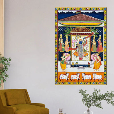 Divine Aarti Ceremony in the Palace of Shrinathji Pichwai Canvas Wall Painting