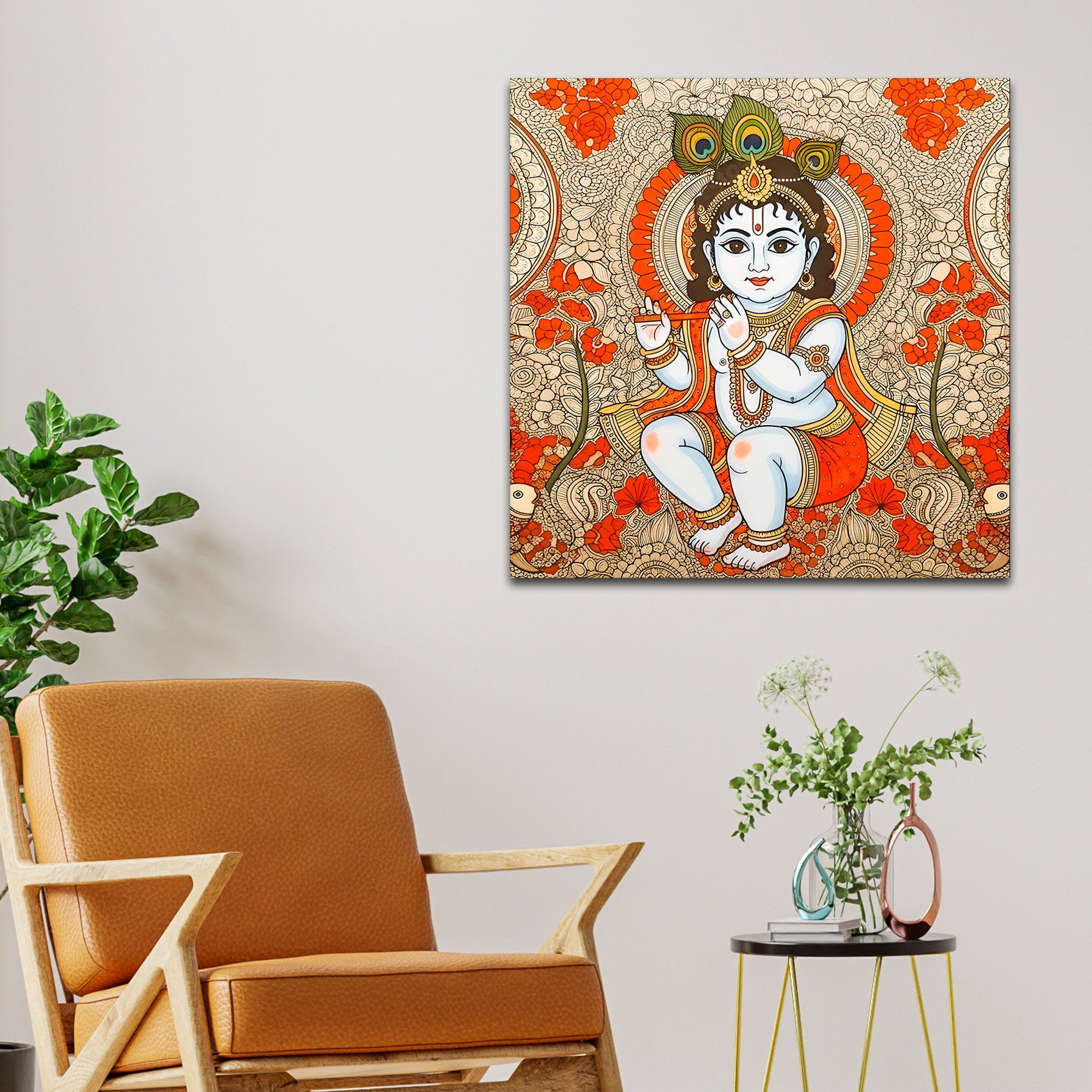 Divine Bal Gopal Shri Krishnaji Madhubani Modern Wall Art Canvas Painting for Home & Office