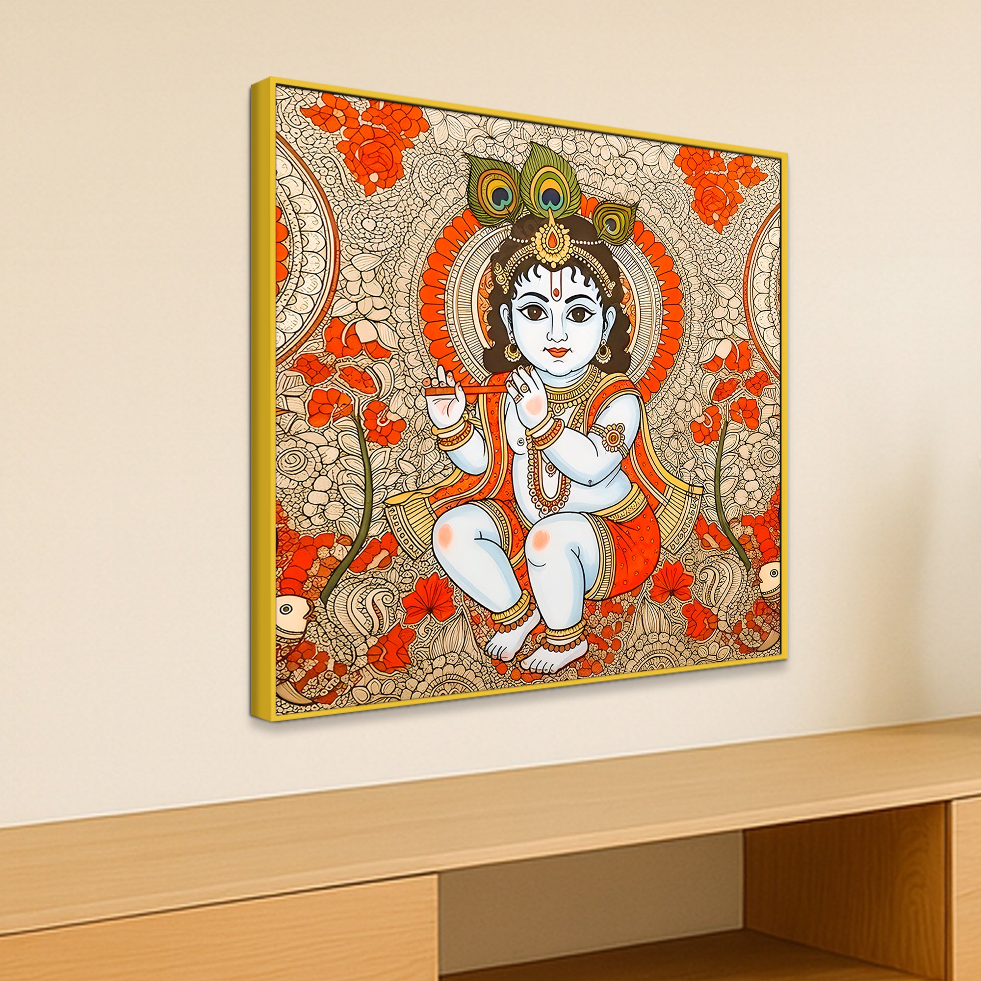 Divine Bal Gopal Shri Krishnaji Madhubani Modern Wall Art Canvas Painting for Home & Office
