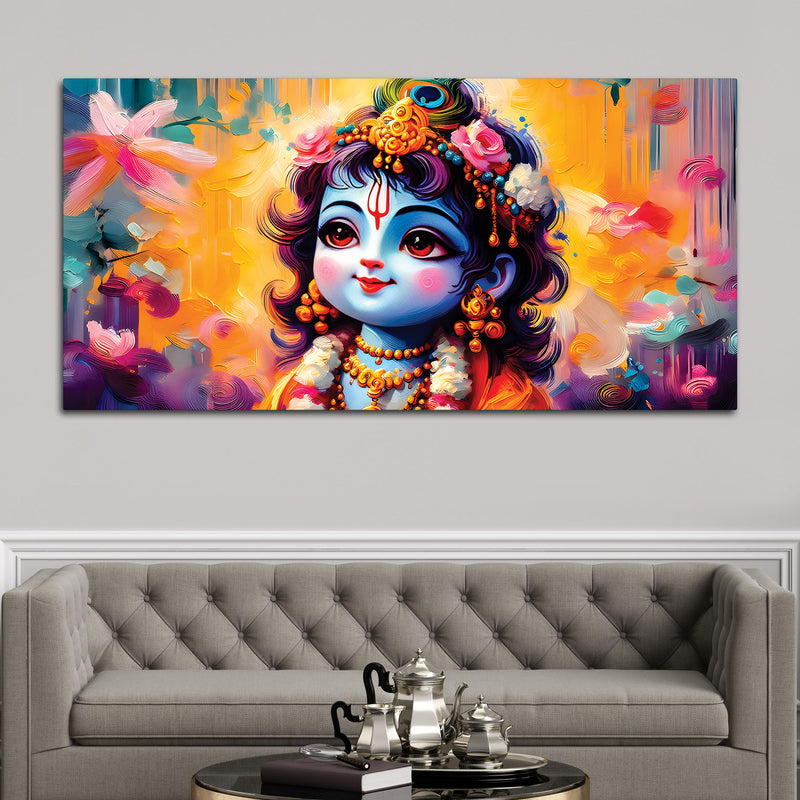 Divine Bal Krishna Floral Background Painting
